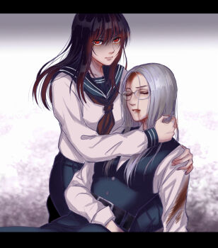 2girls belt black_belt black_hair black_pants black_sailor_collar black_skirt black_vest blood blood_on_clothes blood_stain breasts brown_neckerchief closed_eyes closed_mouth commentary_request defeat glasses grey_hair greyscale hand_on_another&#039;s_neck hand_on_another&#039;s_shoulder highres letterboxed long_hair long_sleeves looking_at_viewer loose_hair_strand medium_breasts monochrome mugennitaberu multiple_girls neckerchief original pants parted_bangs parted_lips red_eyes rimless_eyewear sailor_collar school_uniform serafuku shirt skirt vest waistcoat white_shirt