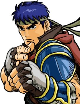 Rule 34 | 1boy, amazing-c, bandana, black eyes, blue hair, capcom, cape, derivative work, fighting stance, fingerless gloves, fire emblem, fire emblem: radiant dawn, gauntlets, gloves, headband, ike (fire emblem), male focus, nintendo, outline, parody, serious, short hair, simple background, solo, street fighter, street fighter i, street fighter iii (series), style parody, super smash bros., white background