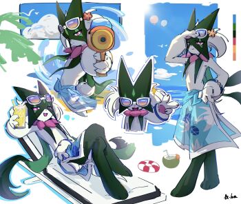 1other :d animal_hands beach_towel black_fur blue_sky body_fur bracelet cape eyewear_on_head flower full_body furry green_fur green_hair hair_flower hair_ornament half-closed_eyes highres jewelry looking_at_another looking_at_viewer lying mask meowscarada meowscarada_(beach) multiple_views nintendo on_back open_mouth orange_flower other_focus pawpads pearl_bracelet pink_eyes pokemon pokemon_(creature) pokemon_unite purple-tinted_eyewear short_hair short_tail simple_background sky smile standing tail tinted_eyewear towel towel_around_waist two-tone_fur upper_body uuuuuuumbreon water_gun white-framed_eyewear white_background
