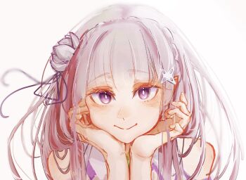 1girl blunt_bangs closed_mouth commentary_request elf emilia_(re:zero) flower grey_hair hair_flower hair_ornament hair_ribbon head_rest highres long_hair looking_at_viewer pointy_ears portrait purple_eyes purple_ribbon re:zero_kara_hajimeru_isekai_seikatsu ribbon simple_background solo white_background white_flower x_hair_ornament yuhaku