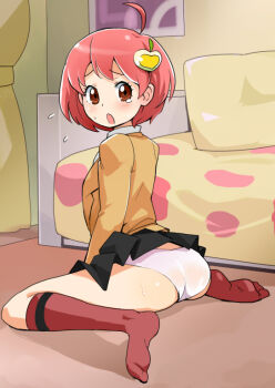 Rule 34 | 00s, 1girl, :o, ahoge, ass, bad id, bad pixiv id, blazer, blush, brown eyes, clothes lift, couch, feet, female focus, from behind, hair ornament, heart, jacket, jewelpet, jewelpet (series), kneehighs, kneeling, kougyoku rinko, looking back, on floor, open mouth, panties, pillow, pink hair, pleated skirt, red eyes, red hair, school uniform, short hair, sitting, skirt, skirt lift, socks, solo, surprised, sweat, sweatdrop, tamagoroo, tears, underwear, upskirt, wariza, white panties