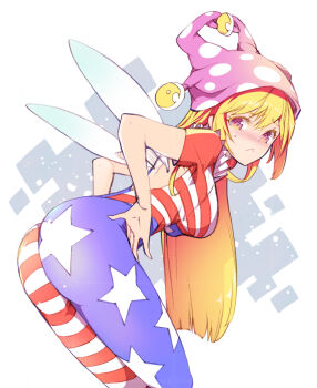 Rule 34 | 1girl, american flag, american flag legwear, american flag print, american flag shirt, ass, bare back, blonde hair, blush, breasts, clownpiece, commentary request, fairy, fairy wings, flag print, from behind, frown, hands on own hips, hat, highres, ichizen (o tori), leaning forward, long hair, looking at viewer, looking back, medium breasts, one-hour drawing challenge, pink eyes, print shirt, shirt, solo, thighs, touhou, wings
