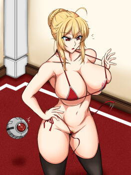 1girl 1other ^^^ angelica_rapha_redgrave areola_slip bikini black_thighhighs blonde_hair braid braided_bun breasts collarbone cowboy_shot dutch_angle eyes_visible_through_hair female_pubic_hair hair_bun hand_on_own_hip huge_breasts indoors legs_apart linea_alba looking_down luxion_(mobseka) micro_bikini motion_lines navel open_mouth otome_game_sekai_wa_mob_ni_kibishii_sekai_desu pubic_hair pubic_hair_peek red_bikini red_carpet red_eyes robot shadow shinku_no_yume_yoru short_hair_with_long_locks side-tie_bikini_bottom sidelocks skindentation solo_focus standing strap_pull string_bikini surprised swimsuit thick_thighs thighhighs thighs tsurime untied_bikini_bottom wardrobe_malfunction