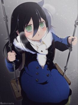 Rule 34 | 1girl, bags under eyes, black hair, blue coat, blush, buttons, coat, commentary request, feet out of frame, fur scarf, green eyes, grey background, hair between eyes, highres, kuroki tomoko, long hair, long sleeves, looking to the side, looking up, on swing, outdoors, parted lips, pokuron, scarf, sidelocks, sitting, snowflakes, snowing, solo, swing, twitter username, watashi ga motenai no wa dou kangaetemo omaera ga warui!, white scarf, winter clothes