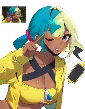 1girl absurdres blonde_hair blue_eyes blue_hair breasts canari_(pokemon) cleavage dark-skinned_female dark_skin game_screenshot_inset gen_4_pokemon highres index_finger_raised mask_pull medium_breasts multicolored_hair nintendo one_eye_closed parted_lips pokemon pokemon_legends:_z-a rotom rotom_phone simple_background solo split-color_hair twintails weiic white_background