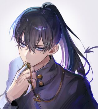 Rule 34 | 1boy, black clover, black hair, black shirt, blue eyes, commentary request, demon boy, demon tail, expressionless, half-closed eyes, jewelry, long hair, long sleeves, looking at viewer, male focus, nacht faust, necklace, ponytail, ringed eyes, shirt, solo, tail, tsugutoku, upper body