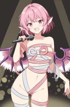 1girl alternate_costume animal_ear_piercing animal_ears bird_ears blush breasts collarbone commentary_request commission earrings highres holding holding_microphone hoop_earrings jewelry looking_at_viewer medium_breasts medium_hair microphone music mystia_lorelei naked_ribbon navel no_headwear open_mouth pink_eyes pink_hair red_ribbon ribbon rise_(rise19851203) second-party_source singing single_earring skeb_commission smile solo sweat touhou variant_set white_ribbon wings