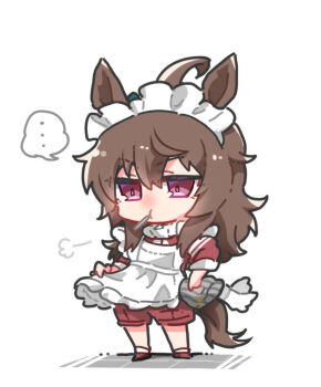 ... 1girl animal_ears apron beer_hsk brown_hair chibi commentary_request full_body grey_hat hair_between_eyes hat holding holding_unworn_clothes holding_unworn_hat horse_ears horse_girl horse_tail jacket long_hair long_sleeves maid_apron maid_headdress mouth_hold nakayama_festa_(umamusume) purple_eyes red_jacket red_shoes red_shorts shoes shorts solo spoken_ellipsis standing striped_clothes striped_headwear tail track_jacket umamusume unworn_hat unworn_headwear v-shaped_eyebrows vertical-striped_clothes vertical-striped_headwear very_long_hair white_apron white_background