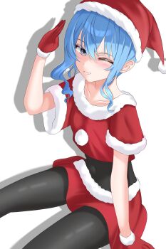 1girl absurdres alternate_costume black_bodysuit blue_hair blush bodysuit closed_mouth commentary dress english_commentary fur-trimmed_dress fur-trimmed_gloves fur-trimmed_headwear fur_trim gloves hat highres hololive hoshimachi_suisei looking_at_viewer medium_hair rain_lambda red_gloves red_hat santa_costume santa_dress sidelocks smile solo star_(symbol) star_in_eye symbol_in_eye virtual_youtuber white_background