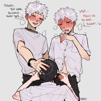 Rule 34 | absurdres, blush, bruise, bruise on arm, dual persona, fang, floatyart, handjob, highres, hikaru ga shinda natsu, indou hikaru, indou hikaru (human), injury, penis, shirt, short hair, speech bubble, sweat, t-shirt, tsujinaka yoshiki, white hair, white shirt, yaoi