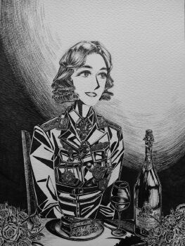 1girl alcohol bordfunker133 bottle breast_pocket cake chair character_name collar_tabs commentary cross cup curly_hair dessert dinner dress_shirt drinking_glass english_commentary flower food genderswap genderswap_(mtf) greyscale grin heinz-wolfgang_schnaufer highres iron_cross jacket long_sleeves luftwaffe military military_uniform monochrome nazi nazi_party_pin parted_lips pocket real_life reichsadler rose schnaufer-chan_(bordfunker133) shirt short_hair shoulder_boards sitting smile soldier solo swastika table wine wine_bottle wine_glass world_war_ii