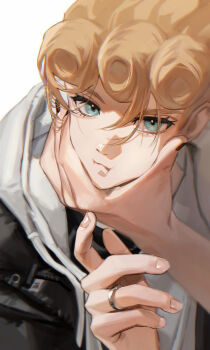 2boys :t absurdres black_hoodie black_nails blonde_hair blurry_edges cheek_squash closed_mouth dio_brando eyelashes grabbing_another&#039;s_face green_eyes head_grab highres hood hoodie jewangchobab jewelry jojo_no_kimyou_na_bouken looking_at_viewer male_focus multiple_boys partially_shaded_face ring simple_background solo_focus vento_aureo victory_rolls white_background white_hood