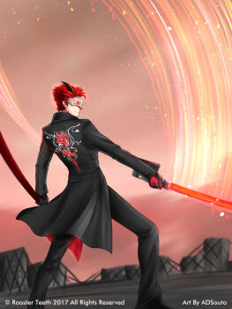 1boy adam_taurus adsouto black_gloves commentary english_commentary gloves glowing glowing_sword glowing_weapon highres holding holding_sword holding_weapon horns jacket katana male_focus mask official_art red_hair rwby sheath shirt sword unsheathing weapon wilt_and_blush