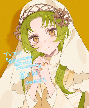 1girl character_request green_hair highres long_hair looking_at_viewer own_hands_clasped own_hands_together saigo_ni_hitotsu_dake_onegai_shite_mo_yoroshii_deshou_ka satsuki_(miicat) simple_background solo upper_body yellow_background yellow_eyes