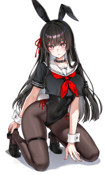 1girl adapted_costume adjusting_footwear animal_ear_hairband animal_ears black_choker black_hair black_leotard black_pantyhose black_shirt black_shoes blush breasts bright_pupils chisa_(wuthering_waves) choker collarbone commentary covered_navel crop_top crop_top_overhang cropped_shirt english_commentary fake_animal_ears fake_tail fingernails foxyreine full_body hair_ribbon hairband highleg highleg_leotard highres kneeling leotard loafers long_hair looking_at_viewer medium_breasts mole mole_under_eye neckerchief pantyhose parted_lips playboy_bunny rabbit_ear_hairband rabbit_ears rabbit_tail red_eyes red_neckerchief red_ribbon ribbon sailor_collar shirt shoes short_sleeves simple_background solo tail very_long_hair white_background white_pupils white_sailor_collar wrist_cuffs wuthering_waves