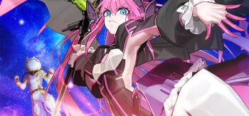 1boy 1girl armor blue_eyes blue_sky clothing_cutout colored_extremities dragon_girl dragon_horns dragon_wings elizabeth_bathory_(fate) elizabeth_bathory_(perfect)_(third_ascension)_(fate) fate/grand_order fate_(series) fujimaru_ritsuka_(male) fujimaru_ritsuka_(male)_(captain_chaldea) game_cg helmet holding holding_polearm holding_weapon horns large_variant_set long_hair long_sleeves looking_at_viewer official_art pink_hair pointy_ears polearm sky space space_helmet spacesuit star_(sky) third-party_source variant_set very_long_hair wada_arco weapon wings