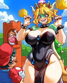 ?_block absurdres armlet blonde_hair boku_no_hero_academia bowsette bowsette_(cosplay) bracelet breasts cleavage cloud collar cosplay crown dress earrings elbow_gloves fake_facial_hair fake_mustache gloves hat highres horns ippan_josei jewelry mario mario_(cosplay) mario_(series) midoriya_izuku multiple_girls new_super_mario_bros._u_deluxe nintendo open_mouth overalls pink_dress princess_peach princess_peach_(cosplay) red_hat sky spiked_armlet spiked_bracelet spiked_collar spiked_shell spikes strapless super_crown tower uraraka_ochako vlizz white_gloves