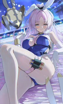 1girl absurdres animal_ears bare_shoulders breasts closed_mouth elbow_gloves gloves hand_up highres knee_up koutannkoburia large_breasts lying mole mole_on_thigh neckerchief on_back outdoors rabbit_ears sailor_collar shia_(stella_sora) smile stella_sora swimsuit swimsuit_under_clothes thighs white_gloves