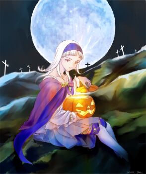 Rule 34 | 1girl, albino, boots, cape, cloak, cross, dress, female focus, full moon, gensou suikoden, gensou suikoden ii, graveyard, hairband, halloween, jack-o'-lantern, konami, long hair, moon, night, pumpkin, red eyes, sakai yume, short hair, sierra mikain, silver hair, sitting, solo, thigh boots, thighhighs, tombstone