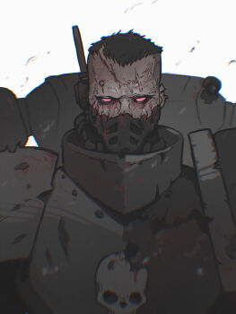 1boy absurdres adeptus_astartes armor black_armor blood blood_on_armor blood_on_face brad_buckmaster breastplate chaos_(warhammer) chaos_space_marine colored_sclera commentary english_commentary gorget highres malice_(cult) no_eyebrows no_pupils pauldrons pink_eyes power_armor scar scar_on_face scar_on_forehead scar_on_head short_hair shoulder_armor skull skull_ornament sons_of_malice warhammer_40k white_background