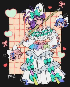 1boy 2girls :d black_border blue_hair border bow closed_mouth commentary_request dorothy_west green_bow hair_bow hand_on_own_hip heart highres holding holding_sword holding_weapon large_bow long_hair long_sleeves looking_at_viewer midriff multiple_girls open_mouth over_shoulder pink_hair pretty_series pripara puffy_long_sleeves puffy_sleeves purple_hair reona_west rituyama1 shinai shirt short_hair side_ponytail signature skirt smile standing sword sword_over_shoulder toudou_shion weapon weapon_over_shoulder white_bow white_shirt white_skirt yellow_eyes