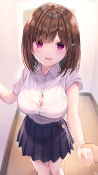 1boy 1girl black_skirt blush bra bra_visible_through_clothes breasts brown_hair button_gap childhood_friend-chan_(ramchi) collared_shirt eyes_visible_through_hair fingernails hair_ornament highres holding_hands large_breasts looking_at_viewer medium_hair open_mouth original out_of_frame panties panty_peek partially_unzipped pink_panties pleated_skirt pov pov_hands purple_eyes ramchi scared shirt short_sleeves skirt solo_focus standing straight_hair sweatdrop swept_bangs tearing_up tears underwear white_shirt x_hair_ornament