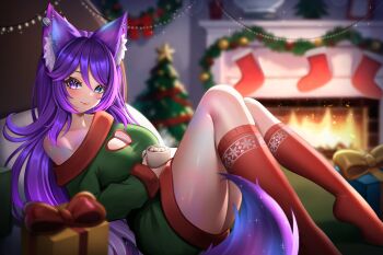 Rule 34 | 1girl, animal ear fluff, animal ears, biyo yoo, blue eyes, blush, box, breasts, christmas stocking, cleavage cutout, closed mouth, clothing cutout, commentary, cup, dress, earrings, english commentary, fireplace, gift, gift box, green dress, heart cutout, heterochromia, highres, holding, holding cup, indie virtual youtuber, jewelry, large breasts, miss rave, purple eyes, purple hair, red socks, second-party source, single bare shoulder, snowflake print, socks, solo, tail, virtual youtuber
