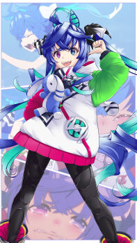 1girl absurdres ahoge animal_ears ankle_boots aqua_hair black_bodysuit black_nails black_ribbon blue_eyes blue_hair bodysuit boots chinese_commentary closed_eyes coat commentary crossed_bangs drawstring drill_hair flashback frown grimace hair_ribbon half-closed_eyes hand_on_own_hip heterochromia highres hood hood_down hooded_coat horse_ears horse_girl long_hair long_sleeves looking_at_viewer multicolored_coat multicolored_hair multiple_views open_mouth pointing pointing_at_self purple_eyes ribbon running sharp_teeth sidelocks smile standing stuffed_animal stuffed_rabbit stuffed_toy tearing_up teeth tracen_training_uniform twin_turbo_(blast_mode!_turbo_engine)_(umamusume) twin_turbo_(umamusume) twintails two-tone_hair umamusume very_long_hair yellow_boots zhu_guan_ye