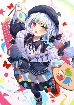 Rule 34 | 1girl, :o, absurdres, artist painter, beret, black bow, black jacket, black ribbon, black skirt, blunt bangs, bow, collared shirt, commentary request, from above, full body, hair bow, haixingren, hat, heterochromia, highres, holding, holding paint palette, holding paintbrush, jacket, jogasaki noah, long hair, long sleeves, looking at viewer, mahou shoujo no majo saiban, multi-tied hair, multicolored hair, neck ribbon, open mouth, outstretched arm, paint palette, paintbrush, polka dot, polka dot bow, red eyes, ribbon, shirt, skirt, solo, standing, standing on one leg, streaked hair, very long hair, white hair, white shirt, yellow eyes