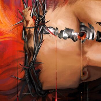 Rule 34 | 1boy, animal, artificial eye, crown of thorns, dead animal, denisefanta, dripping, eustass kid, exposed internal machinery, ferret, highres, male focus, mechanical eyes, one piece, red eyes, red hair, single mechanical eye, solo, symbolism