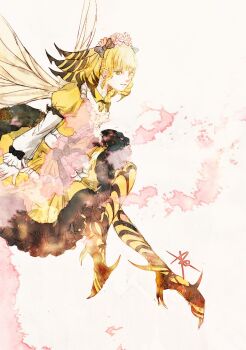 Rule 34 | 1girl, alternate skin color, arthropod girl, artistic error, bee girl, bee wings, black bow, black bowtie, blonde hair, bow, skirt bow, bowtie, closed mouth, cropped shirt, final fantasy, final fantasy xiv, flower, green eyes, hair bow, head wreath, honey b. lovely, insect girl, insect wings, medium hair, medium skirt, no heterochromia, pink flower, ruka (blueplus84), shirt, shirt bow, skirt, sleeve bow, smile, solo, wings, yellow shirt, yellow skirt