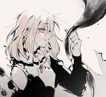 Rule 34 | 1girl, bang dream!, bang dream! it's mygo!!!!!, blonde hair, clothing cutout, clutching chest, commentary, doloris (bang dream!), long sleeves, maybecrosswise, medium hair, misumi uika, purple eyes, shoulder cutout, solo, upper body