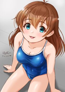 1girl alternate_costume artist_name bare_shoulders blue_eyes blue_one-piece_swimsuit blush breasts brown_hair cleavage collarbone covered_navel cowboy_shot female_focus floor haruhata_mutsuki highres kanda_momo long_hair looking_at_viewer one-piece_swimsuit open_mouth sitting sleeveless smile solo swimsuit twitter_username wonder_momo