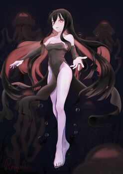 absurdres bare_shoulders barefoot black_dress black_hair colored_inner_hair commentary dress english_commentary fish glowing glowing_eyes highres humanization jellyfish long_hair multicolored_hair nail_polish original reapnko red_eyes self-upload toenail_polish toenails underwater very_long_hair