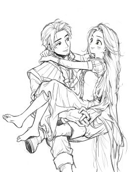 Rule 34 | 1boy, 1girl, arms around neck, barefoot, blush, breasts, carrying, crossed legs, dress, facial hair, flynn rider, goatee, greyscale, hetero, highres, jjojjo110110, juliet sleeves, lineart, long dress, long hair, long sleeves, looking at another, medium breasts, monochrome, parted bangs, princess carry, puffy sleeves, rapunzel (disney), short hair, sitting, sitting on lap, sitting on person, sketch, smile, tangled, very long hair, vest, white background