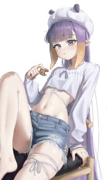 1girl absurdres adversarial_noise arms_up barefoot beret blue_eyes blue_shorts commentary cookie cropped_shirt denim denim_shorts eating english_commentary food frayed_shorts gradient_hair hat highres holding holding_cookie holding_food hololive hololive_english knee_up linea_alba long_hair long_sleeves looking_at_viewer midriff multicolored_hair navel ninomae_ina&#039;nis official_alternate_costume orange_hair pointy_ears purple_hair samukzz shirt short_shorts shorts sidelocks simple_background sitting solo straight_hair tentacle_hair thigh_strap torn_clothes torn_shoes torn_shorts very_long_hair virtual_youtuber white_background white_hat white_shirt