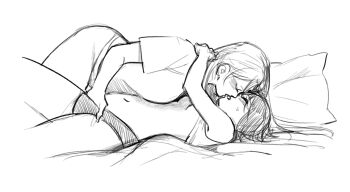 2girls blush breasts closed_eyes clothes_lift commentary_request fingering greyscale hand_in_another&#039;s_panties hatching_(texture) imminent_kiss korean_commentary large_breasts may_c monochrome multiple_girls naruto_(series) navel pillow shirt shirt_lift shizune_(naruto) sketch small_breasts sweatdrop t-shirt tsunade_(naruto) yuri