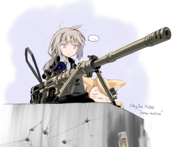 ... 2girls ahoge animal_ears anti-materiel_rifle bipod black_necktie blonde_hair bolt_action cat_ears cat_girl cheytac_m200 english_text excel_(gewalt) girls'_frontline grey_hair gun idw_(girls'_frontline) m200_(girls'_frontline) multiple_girls necktie poster_(object) purple_eyes rifle scope sleeping sniper sniper_rifle sniper_team speech_bubble wanted_poster weapon