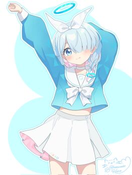 1girl arms_up arona_(blue_archive) artist_name blue_archive blue_background blue_eyes blue_hair blue_halo blue_shirt blue_theme blush bow bow_hairband bowtie braid choker clenched_hand closed_mouth collarbone colored_inner_hair commentary corrupted_twitter_file cowboy_shot hair_over_one_eye hairband halo highres long_sleeves looking_at_viewer midriff_peek miniskirt multicolored_hair one_eye_closed outline pink_hair pleated_skirt puffy_long_sleeves puffy_sleeves sailor_collar school_uniform serafuku shirt short_hair single_braid sizuki_haru skirt sleeve_cuffs smile solo streaked_hair twitter_username two-tone_background two-tone_hair white_background white_bow white_bowtie white_choker white_hairband white_outline white_sailor_collar white_skirt