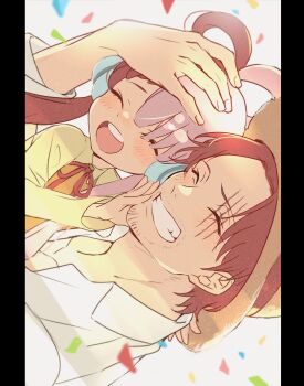 1boy 1girl ^_^ beard_stubble blush carrying carrying_person child chiyu_(cotoritori) closed_eyes commentary_request confetti facial_hair father_and_daughter hat headphones highres long_sleeves one_piece one_piece_film:_red open_mouth pillarboxed red_hair scar scar_across_eye scar_on_face shanks_(one_piece) short_hair smile straw_hat stubble twintails uta_(one_piece) white_hair