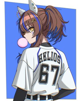 67_(meme) absurdres animal_ears baseball_uniform belt blue_background border brown_hair chewing_gum commentary daitaku_helios_(umamusume) from_behind ghuler hair_between_eyes hair_ornament highres horse_ears horse_girl looking_at_viewer meme multicolored_hair outside_border simple_background solo sportswear star_(symbol) star_hair_ornament streaked_hair umamusume white_border