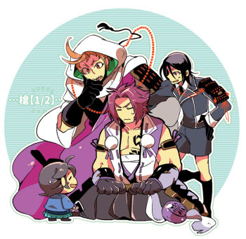 10s 4boys armor bad_id bad_pixiv_id black_hair chibi closed_eyes dated hammer indian_style iwatooshi japanese_armor male_focus military military_uniform multiple_boys orange_hair purple_hair red_eyes seiza sharp_teeth shoulder_armor siddham simple_background sitting sode sweatdrop swordsmith_(touken_ranbu) tattoo teeth tetori tonbokiri_(touken_ranbu) touken_ranbu wavy_mouth yagen_toushirou