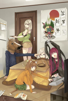 4girls animal_ears ass blonde_hair breasts brown_hair cat_ears cat_girl cat_tail cleavage controller closed_eyes female_focus game_console game_controller gigantic_breasts glasses gram_(muneneko) hair_ornament hairclip haruka_(muneneko) highres horse_mask huge_breasts kisame_(muneneko) long_hair looking_back mask miniskirt multiple_girls muneneko new_year orange_shirt original red_eyes red_hair ribbed_sweater schwarzschild_(muneneko) shirt skirt super_famicom sweater tail tank_top