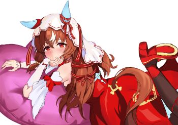 Rule 34 | 1girl, absurdres, animal ears, ayukake277, blush, brown hair, commentary request, dress, ear covers, head rest, heart, heart-shaped pillow, highres, horse ears, horse girl, horse tail, long hair, looking at viewer, lying, multicolored hair, on stomach, open mouth, pillow, red dress, red eyes, red nails, red ribbon, ribbon, simple background, solo, still in love (scarlet vow raiment) (umamusume), still in love (umamusume), streaked hair, tail, umamusume, veil, white background, white streaks, white veil
