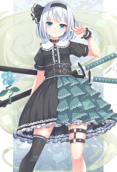 1girl alternate_costume belt black_belt black_choker black_dress black_hairband black_thighhighs blue_eyes blue_flower breasts choker closed_mouth commentary_request cowboy_shot dress flower grey_hair hairband highres hitodama konpaku_youmu konpaku_youmu_(ghost) looking_at_viewer medium_hair multiple_belts multiple_swords o-ring o-ring_thigh_strap puffy_short_sleeves puffy_sleeves sheath sheathed short_sleeves single_thighhigh small_breasts solo sword sword_on_back thigh_strap thighhighs touhou uumaru weapon weapon_on_back wrist_cuffs
