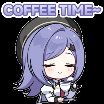 1girl :d animated animated_gif beret black_hat closed_eyes coffee commentary cup english_commentary english_text facing_viewer hat holding holding_cup iris_(stella_sora) juliet_sleeves long_hair long_sleeves looping_animation lowres necktie official_art open_mouth puffy_sleeves purple_hair red_necktie shirt simple_background smelling smile solo sparkle_hair_ornament stella_sora teacup transparent_background white_shirt