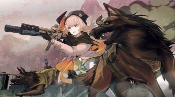 1girl acog assault_rifle blonde_hair blue_eyes brown_hat commentary commission dog english_commentary fn_scar_16 girls'_frontline griffin_&amp;_kryuger_logo gun hair_ornament harness hat highres holding holding_gun holding_weapon long_hair mineta_naoki mountain rifle scar-l_(girls'_frontline) sharp_teeth smoke teeth vgen_commission weapon