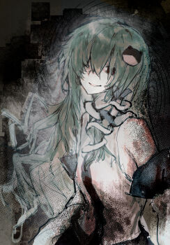 1girl chinese_commentary commentary_request detached_sleeves frog_hair_ornament green_hair grey_background grin hair_ornament hair_over_eyes hair_tubes highres kochiya_sanae long_hair looking_at_viewer red_eyes shirt single_hair_tube sixsec6ndzlater sleeveless sleeveless_shirt smile snake_hair_ornament solo touhou upper_body white_shirt white_sleeves