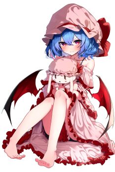 1girl absurdres animal_ears barefoot bat_wings black_wings blue_hair blush closed_mouth commentary_request dress ei_tantan feet frilled_dress frills full_body hair_between_eyes hat hat_ribbon highres holding holding_stuffed_toy knees_up legs mob_cap pink_dress pink_hat rabbit_ears red_eyes red_ribbon red_wings remilia_scarlet ribbon short_hair simple_background solo stuffed_animal stuffed_rabbit stuffed_toy tears toes touhou white_background wings
