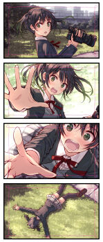 1girl 4koma black_hair black_jacket black_thighhighs blazer blush bow bowtie breasts brown_footwear building camera checkered_clothes checkered_skirt comic commentary_request day embarrassed faceplant fallen_down gradient_hair grass green_eyes green_hair grey_skirt grey_vest hair_between_eyes hands_up highres holding holding_camera jacket legs long_sleeves looking_at_viewer looking_to_the_side love_live! love_live!_nijigasaki_high_school_idol_club medium_breasts medium_hair multicolored_hair multiple_views nijigasaki_school_uniform open_mouth outdoors outstretched_arms outstretched_hand park red_bow red_bowtie school_uniform shirt shoes sidelocks skirt sweat takasaki_yu thighhighs thighs tree twintails upper_body vest white_shirt wind wing_collar yakka zettai_ryouiki
